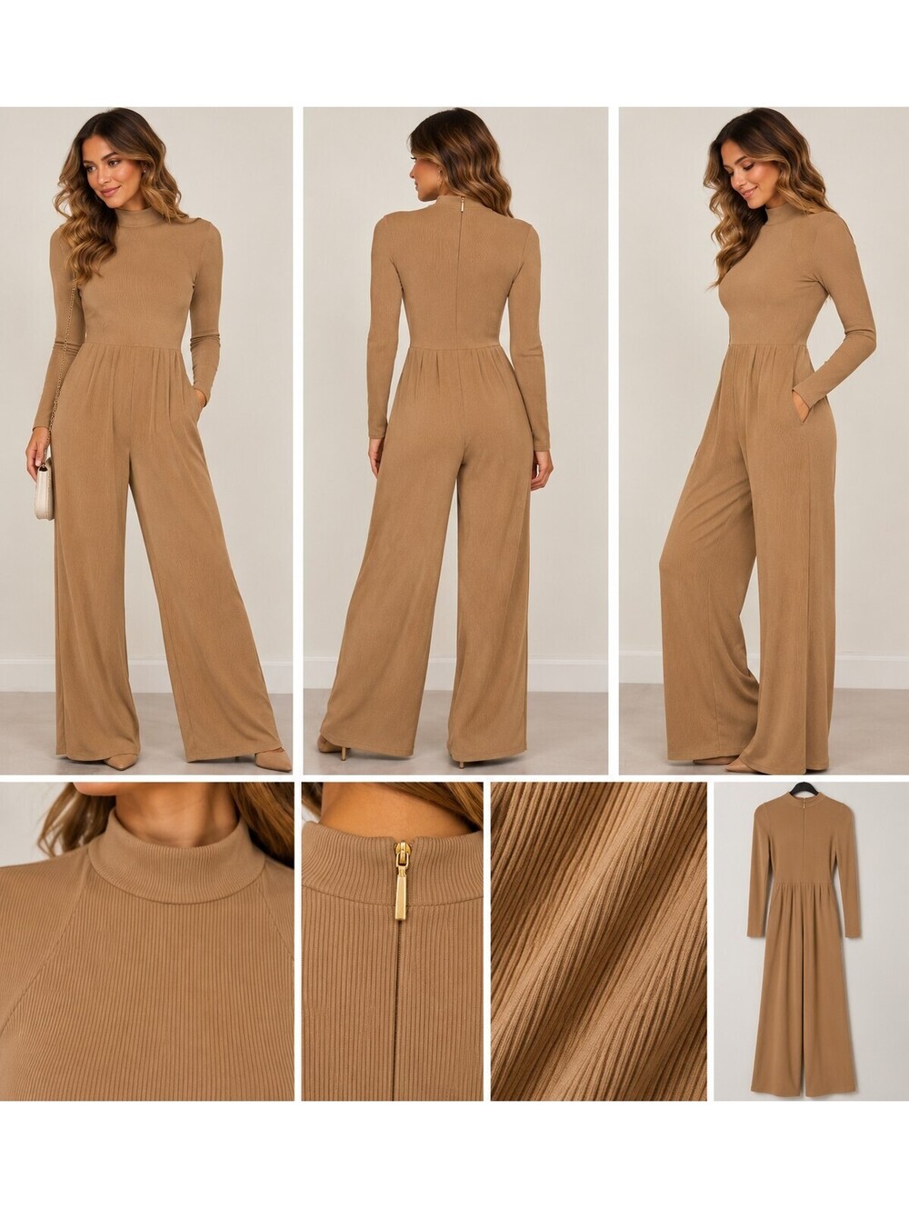 Pretty Gardens Tan Long Sleeve Wide Leg Jumpsuit sz small